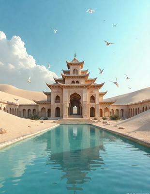 The primary subject of the image is a large, ornate building with a tall tower, which appears to be a palace or a temple. The building is situated in a desert-like environment, with sand and a rocky surface surrounding it. The visual style of the image is a combination of photo and digital art, creating a unique and intricate representation of the palace. The colors and mood of the image are predominantly earthy tones, such as beige, brown, and orange, which contribute to the desert-like atmosphere